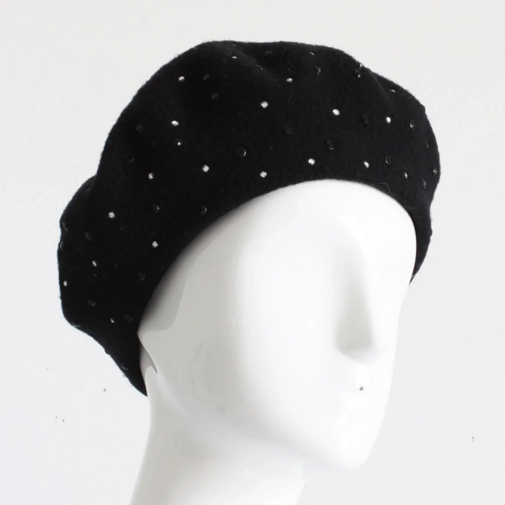 Norma Kamali OMO Hat Beret Black Wool Embellished Rare Retro Vintage 80s